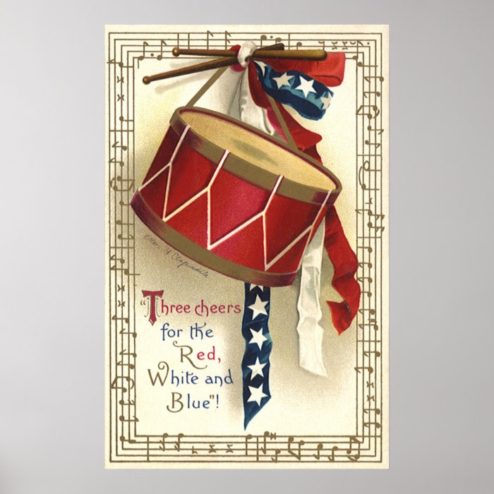 Vintage Patriotic, Drums with Musical Notes Poster