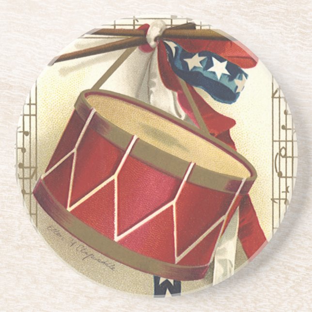 Vintage Patriotic, Drums with Musical Notes Drink Coaster (Front)