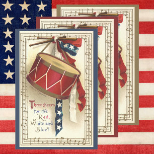 Vintage Patriotic, Drums with Musical Notes Wrapping Paper Sheets