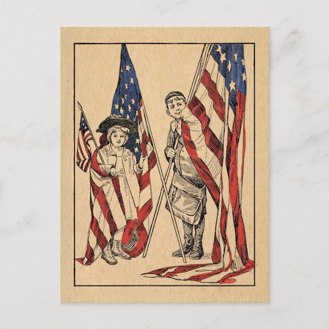 Vintage Patriotic Girl & Boy with American Flag Postcard (Front)