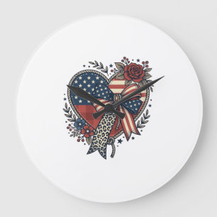 Vintage Patriotic Heart Bow Floral Shirt Design_1 Large Clock
