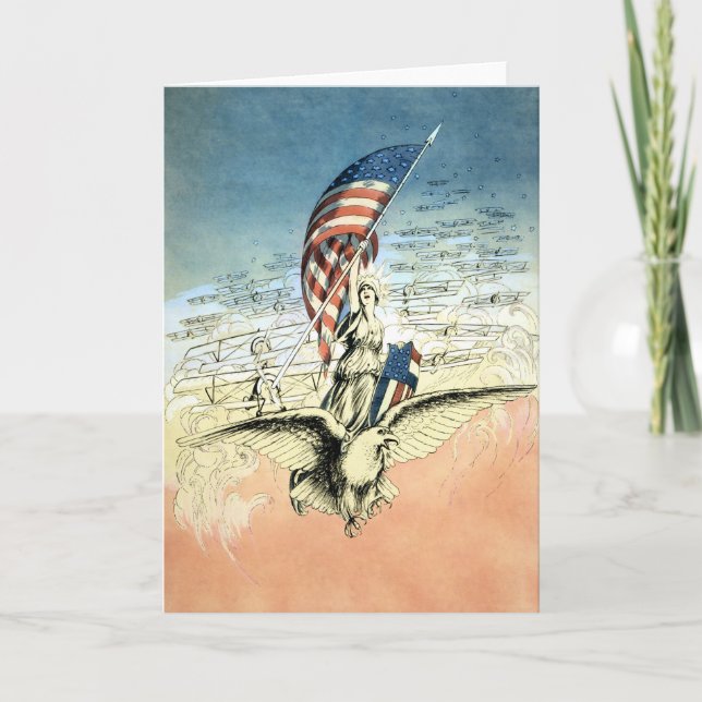 Vintage Patriotic, Lady, Eagle with American Flag Card (Front)