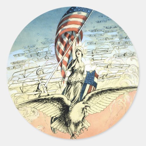 Vintage Patriotic Lady Eagle with American Flag Classic Round Sticker