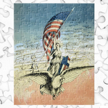 Vintage Patriotic  Lady  Eagle With American Flag Jigsaw Puzzle by YesterdayCafe at Zazzle