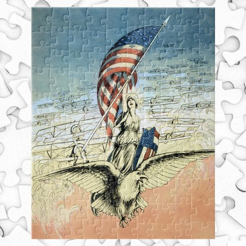 Vintage Patriotic Lady Eagle with American Flag Jigsaw Puzzle