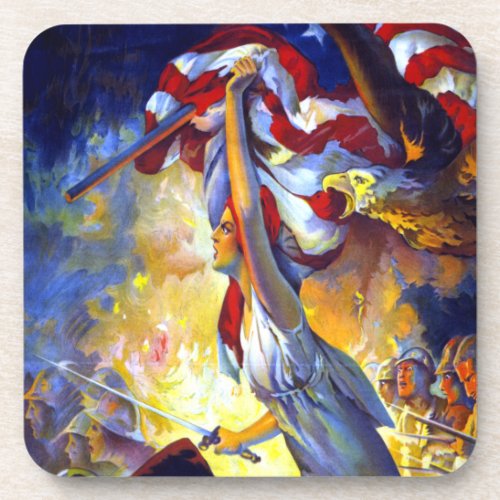 Vintage Patriotic Lady Liberty American Flag Eagle Beverage Coaster