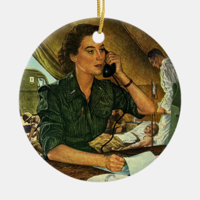 Vintage Patriotic, Medical Nurse on Phone Ceramic Ornament (Front)