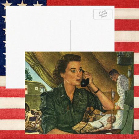 Vintage Patriotic, Medical Nurse On Phone Postcard