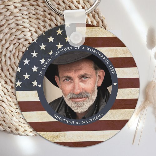 Vintage Patriotic Memorial American Flag Photo Keychain