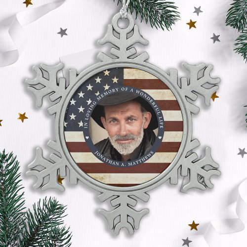 Vintage Patriotic Memorial American Flag Photo Snowflake Pewter Christmas Ornament