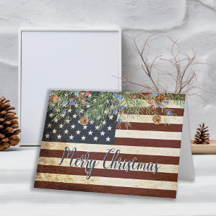 Vintage Patriotic Merry Christmas American Flag Holiday Card