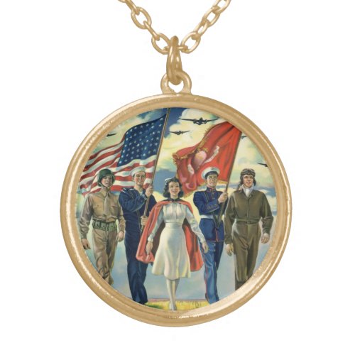 Vintage Patriotic Proud Military Personnel Heros Gold Plated Necklace