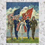 Vintage Patriotic, Proud Military Personnel Heros Jigsaw Puzzle<br><div class="desc">Vintage illustration patriotism Fourth of July holiday design featuring personnel from several military branches marching in a line carrying an American flag with airplanes flying in the sky. These proud patriotic national heroes help protect our great nation, the United States. Use to help celebrate Independence Day (4th of July), Memorial...</div>