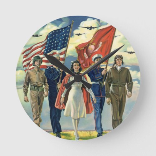 Vintage Patriotic Proud Military Personnel Heros Round Clock