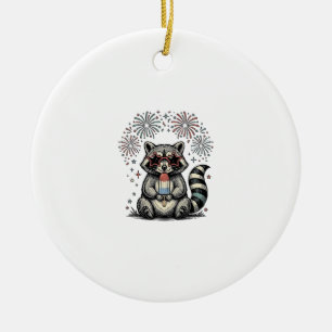 Vintage Patriotic Raccoon Fireworks Shirt Design_1 Ceramic Ornament