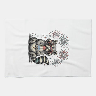 Vintage Patriotic Raccoon Fireworks Shirt Design_1 Kitchen Towel