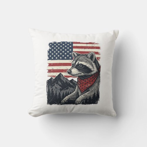 Vintage Patriotic Raccoon Mountain Flag Shirt Desi Throw Pillow
