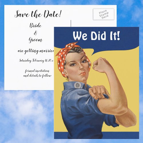 Vintage Patriotic Rosie We Did It Save the Date Announcement Postcard