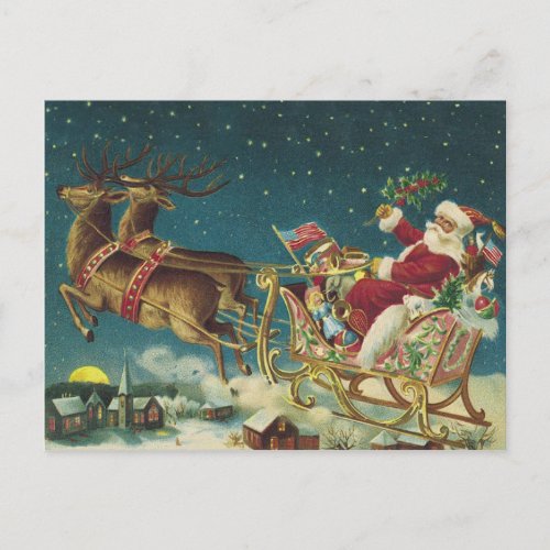 Vintage Patriotic Santa and Sleigh Christmas Postcard
