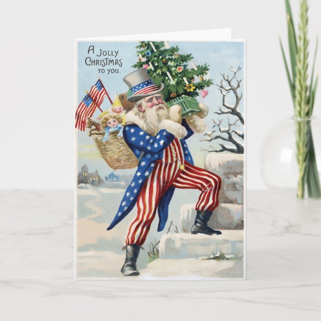 Vintage Patriotic Santa Holiday Card (Front)