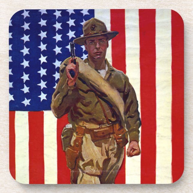 Vintage Patriotic Soldier with American Flag Beverage Coaster (Front)