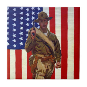 Vintage Patriotic Soldier with American Flag Ceramic Tile