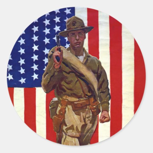 Vintage Patriotic Soldier with American Flag Classic Round Sticker