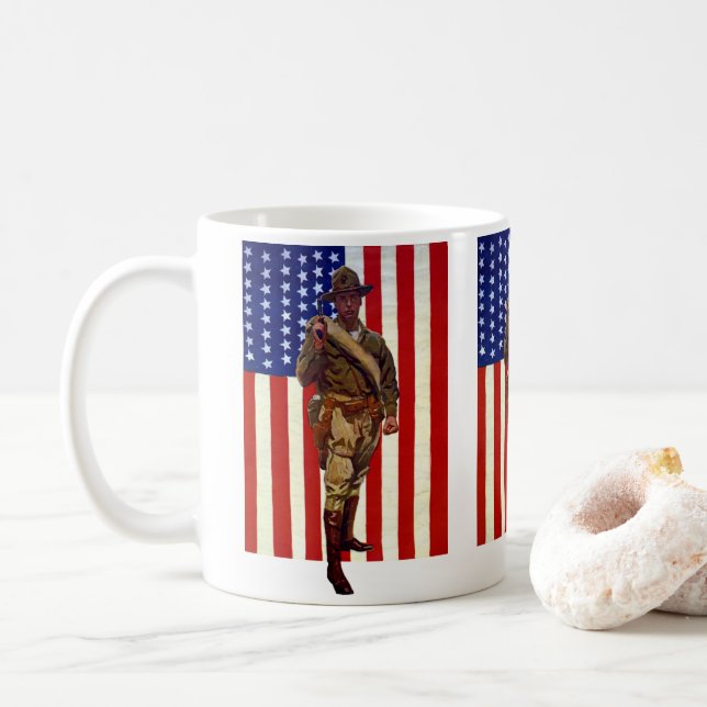 Vintage Patriotic Soldier with American Flag Coffee Mug (With Donut)