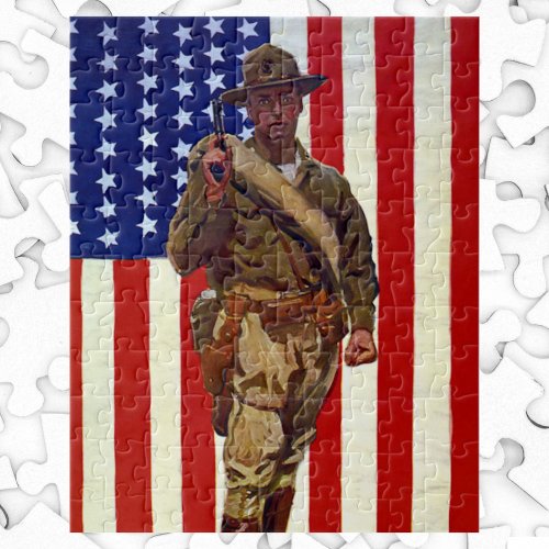 Vintage Patriotic Soldier with American Flag Jigsaw Puzzle