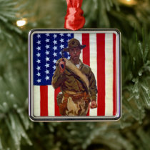 Vintage Patriotic Soldier with American Flag Metal Ornament