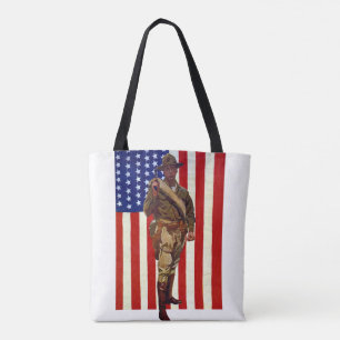 Vintage Patriotic Soldier with American Flag Tote Bag