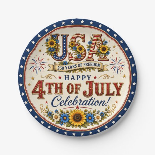 Vintage Patriotic Sunflower 4th of July 250 Years Paper Plates