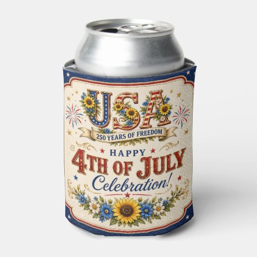 Vintage Patriotic Sunflower 4th of July 250th Can Cooler
