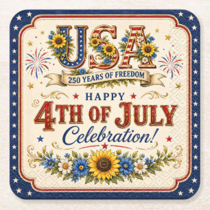 Vintage Patriotic Sunflower 4th of July 250th Square Paper Coaster