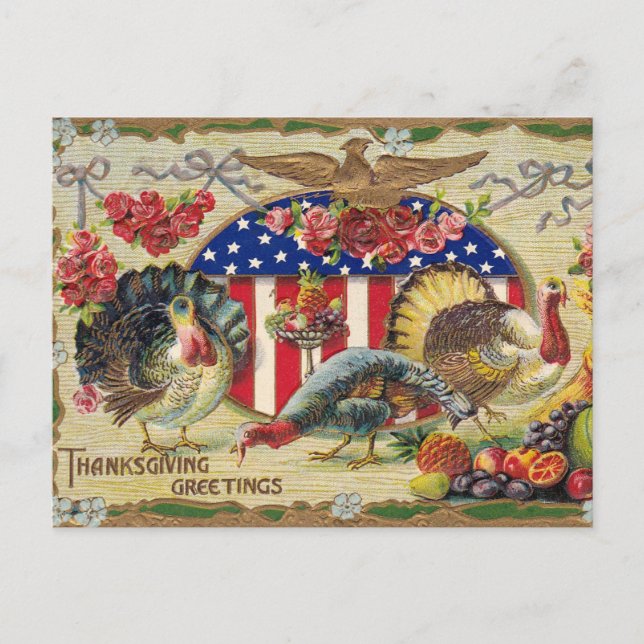 Vintage Patriotic Thanksgiving Greetings Holiday Postcard (Front)