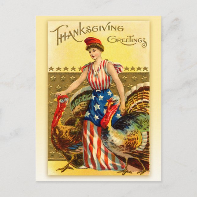 Vintage Patriotic Thanksgiving - Lady Liberty Holiday Postcard (Front)