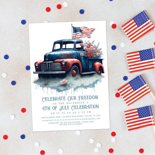 Vintage Patriotic Truck Flag 4th of July Party Invitation