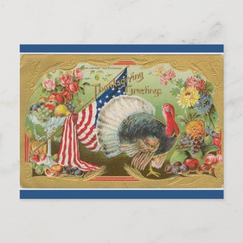 Vintage Patriotic Turkey and Flag Thanksgiving Postcard