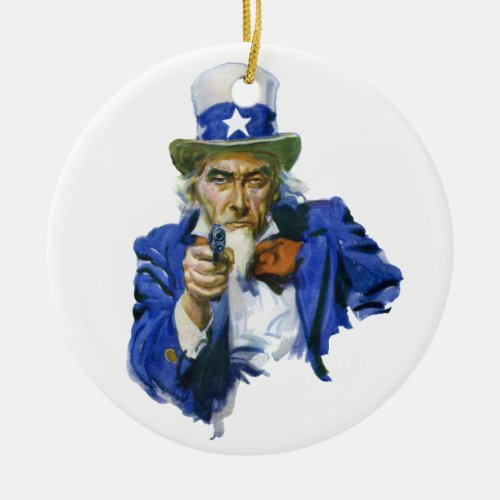 Vintage Patriotic Uncle Sam with Star Hat and Gun Ceramic Ornament