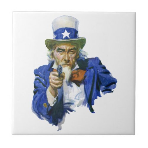 Vintage Patriotic Uncle Sam with Star Hat and Gun Ceramic Tile