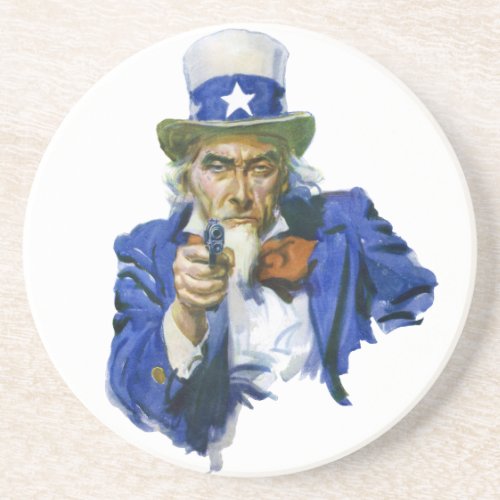 Vintage Patriotic Uncle Sam with Star Hat and Gun Coaster