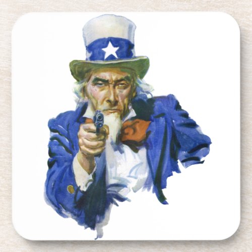 Vintage Patriotic Uncle Sam with Star Hat and Gun Drink Coaster