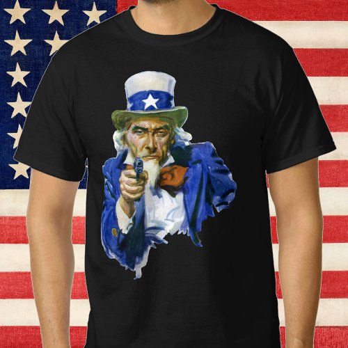 Vintage Patriotic Uncle Sam with Star Hat and Gun T_Shirt