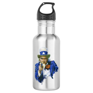 Vintage Patriotic Uncle Sam with Star Hat and Gun Water Bottle