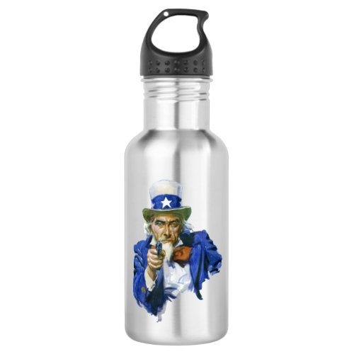 Vintage Patriotic Uncle Sam with Star Hat and Gun Water Bottle