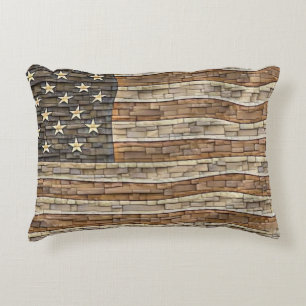 Vintage Patriotic USA Flag on Stone Wall Accent Pillow