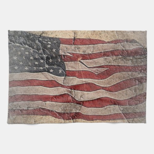 Vintage Patriotic USA Flag on Stone Wall Kitchen Towel