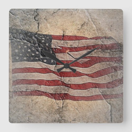Vintage Patriotic USA Flag on Stone Wall Square Wall Clock