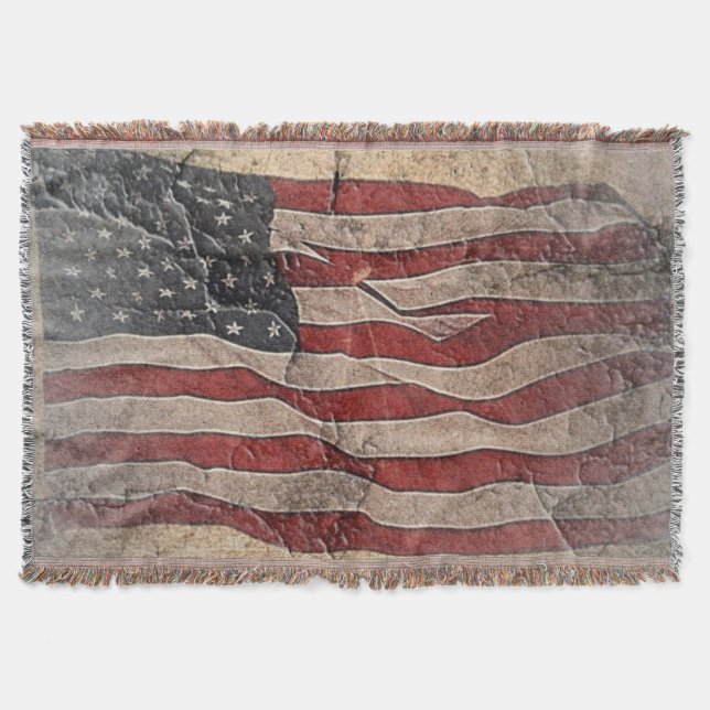 Vintage Patriotic USA Flag on Stone Wall Throw Blanket (Front)