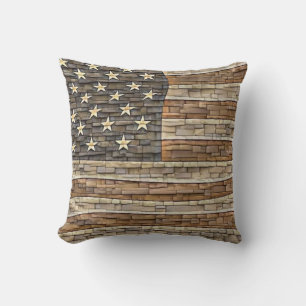 Vintage Patriotic USA Flag on Stone Wall Throw Pillow